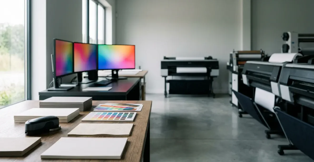 Atelier d'impression professionnelle avec équipements de gestion des couleurs pour arts graphiques