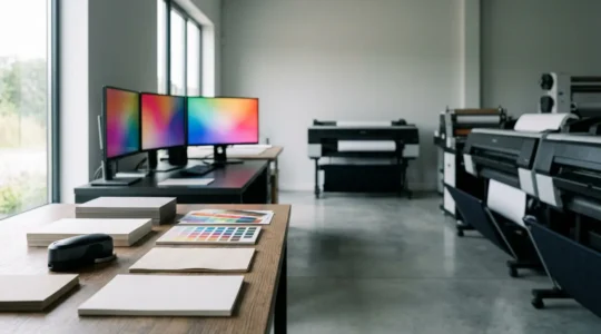 Atelier d'impression professionnelle avec équipements de gestion des couleurs pour arts graphiques
