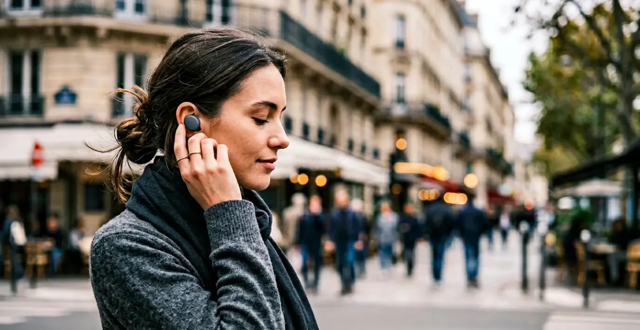 Personne utilisant des écouteurs sans fil lors d'un déplacement urbain quotidien