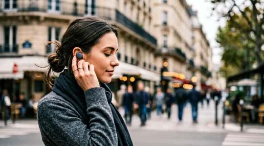 Personne utilisant des écouteurs sans fil lors d'un déplacement urbain quotidien