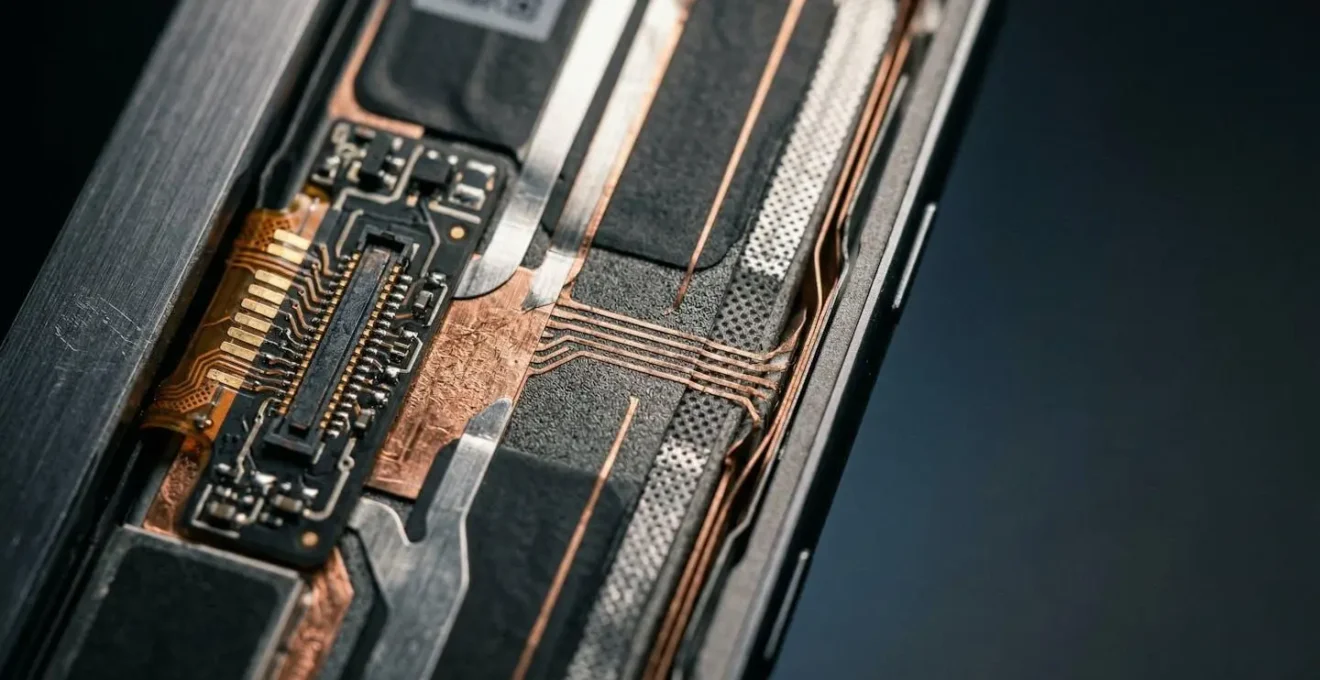 Batterie lithium-ion de smartphone photographiée en gros plan avec circuit de gestion thermique visible