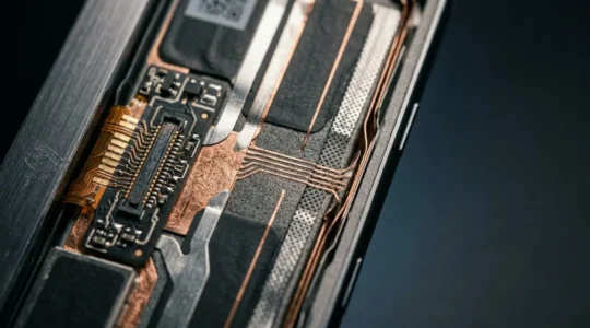 Batterie lithium-ion de smartphone photographiée en gros plan avec circuit de gestion thermique visible