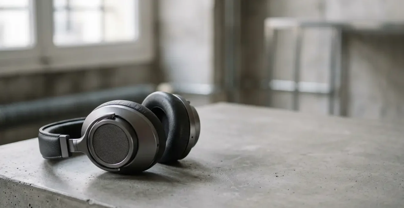 Casque audio moderne à réduction de bruit active dans un environnement urbain contemporain