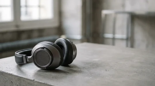 Casque audio moderne à réduction de bruit active dans un environnement urbain contemporain