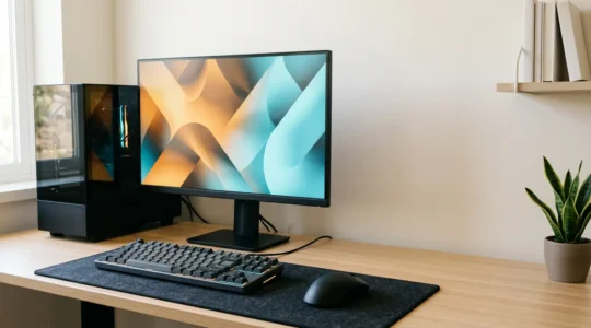 Configuration de gaming avec moniteur QHD illustrant l'équilibre entre performance et qualité d'affichage
