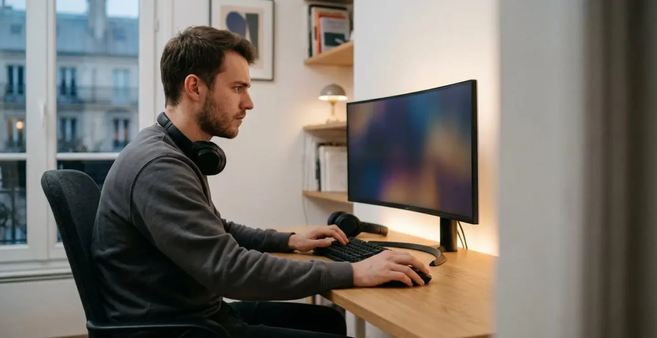 Joueur concentré devant un écran gaming haute performance dans un environnement de jeu ergonomique