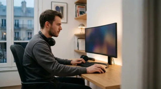 Joueur concentré devant un écran gaming haute performance dans un environnement de jeu ergonomique