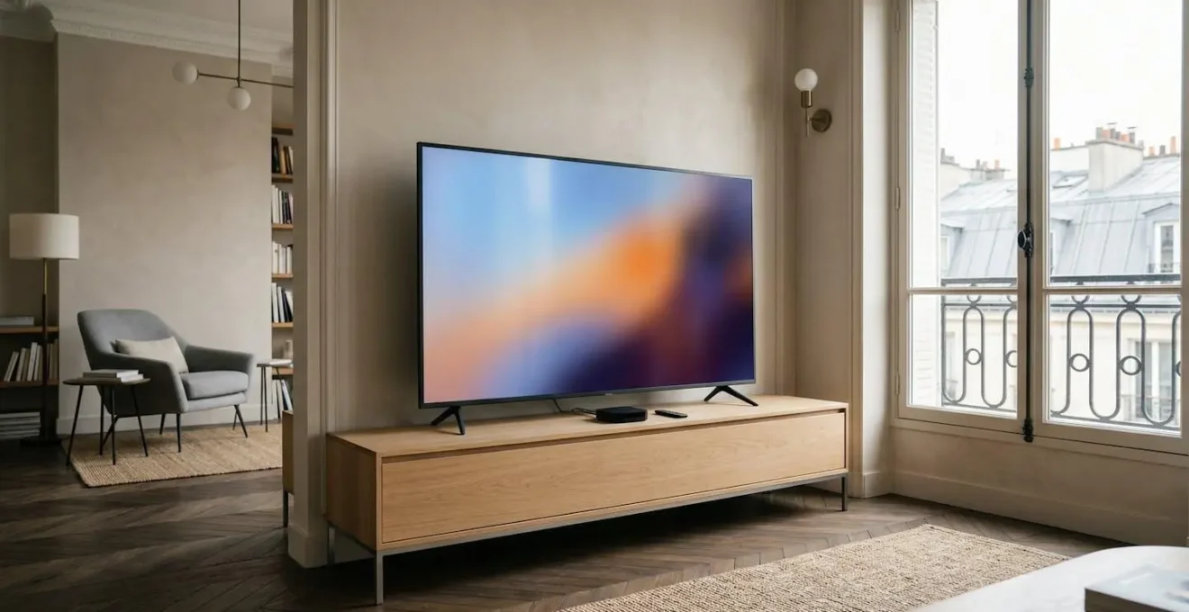 Cinéma à domicile avec écran haute définition et équipement de streaming moderne