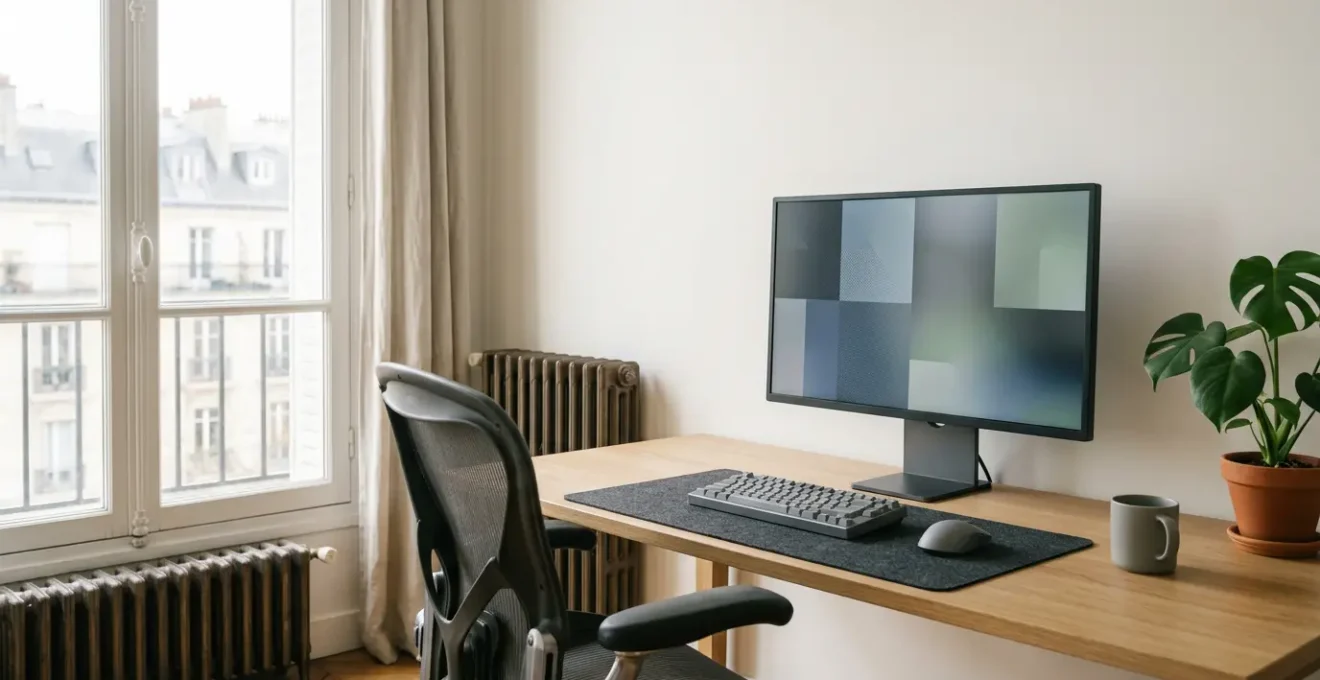 Configuration ergonomique d'un poste de travail informatique avec écran correctement positionné pour éviter les reflets