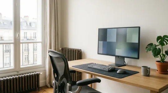 Configuration ergonomique d'un poste de travail informatique avec écran correctement positionné pour éviter les reflets