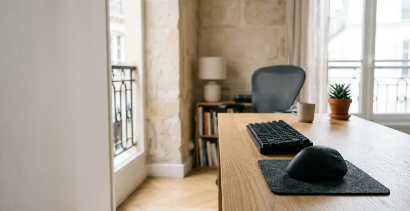 Espace de travail minimaliste avec dispositif de pointage ergonomique dans un intérieur contemporain français