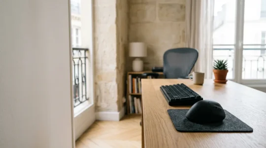 Espace de travail minimaliste avec dispositif de pointage ergonomique dans un intérieur contemporain français