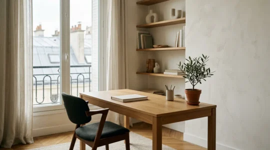 Espace de travail à domicile ergonomique et productif avec lumière naturelle