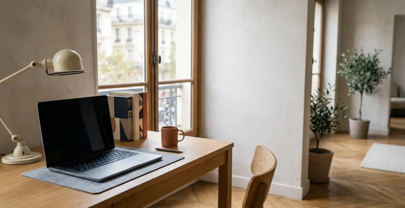 Espace de travail moderne avec ordinateur portable et outils de développement dans une ambiance studieuse