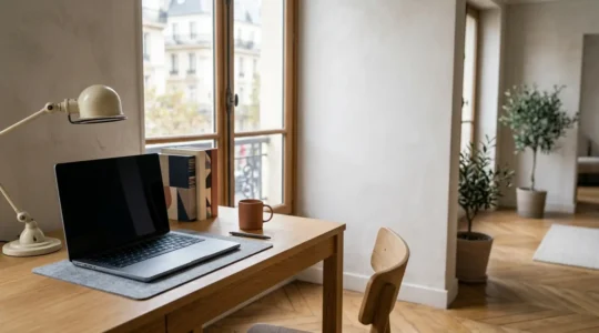 Espace de travail moderne avec ordinateur portable et outils de développement dans une ambiance studieuse