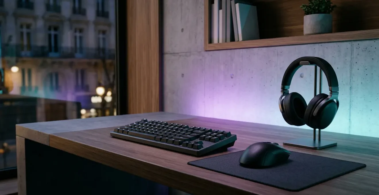 Configuration gaming haute performance avec équipement technique et éclairage ambiant