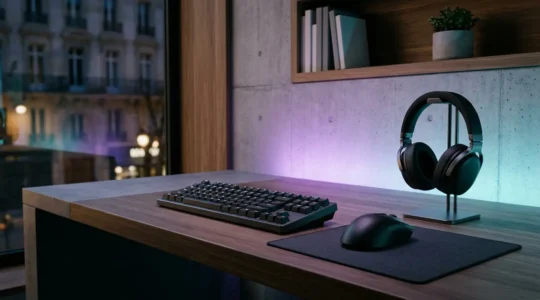 Configuration gaming haute performance avec équipement technique et éclairage ambiant
