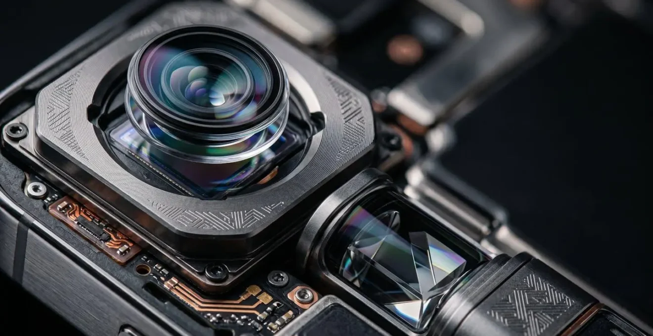 Détail macro d'un module caméra multicapteur de smartphone moderne avec optiques périscopes
