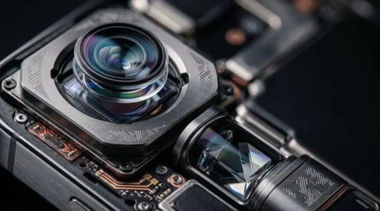 Détail macro d'un module caméra multicapteur de smartphone moderne avec optiques périscopes