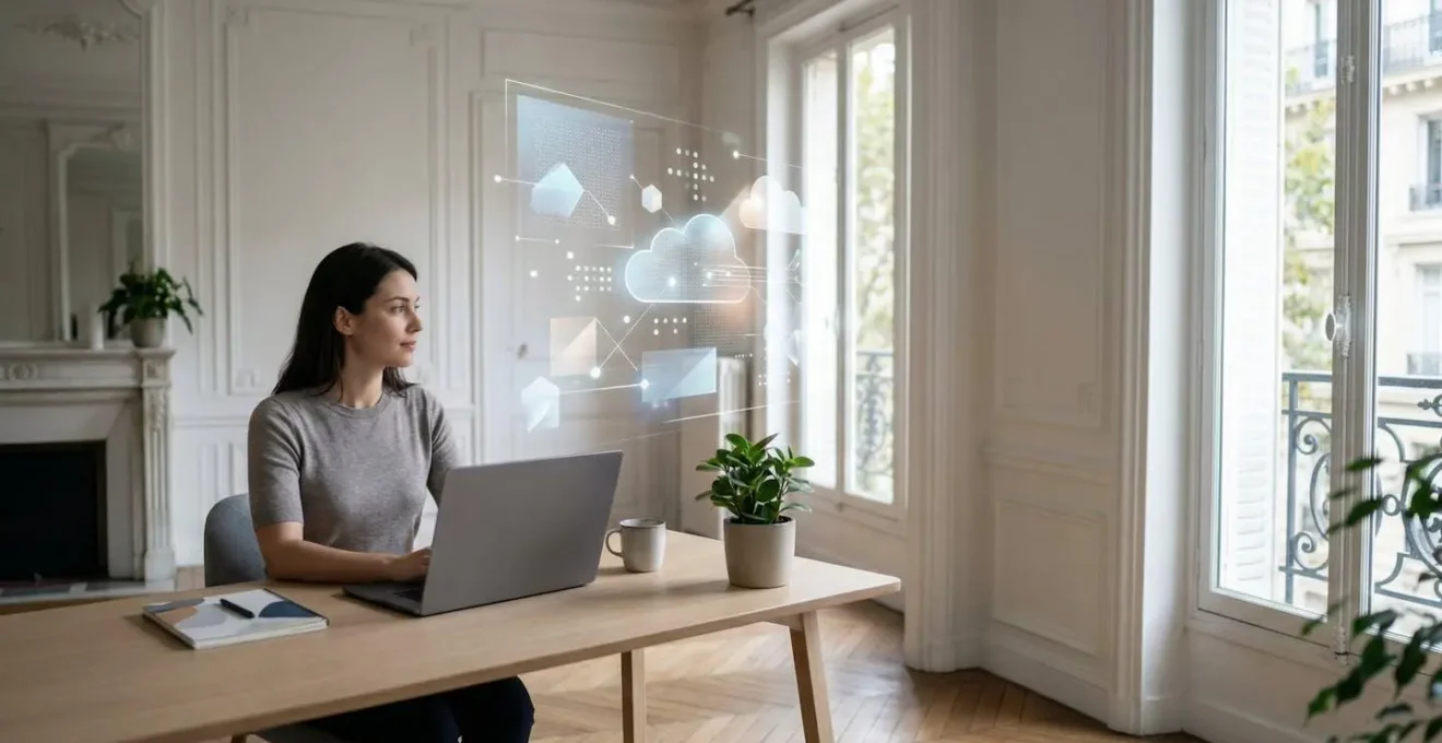 Espace de travail numérique minimaliste montrant l'écosystème des logiciels en ligne pour les entreprises françaises