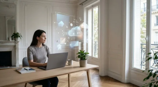 Espace de travail numérique minimaliste montrant l'écosystème des logiciels en ligne pour les entreprises françaises