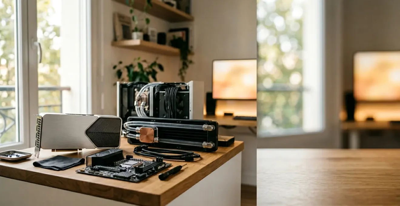 Espace de travail high-tech avec composants informatiques, outils de maintenance et environnement technologique épuré