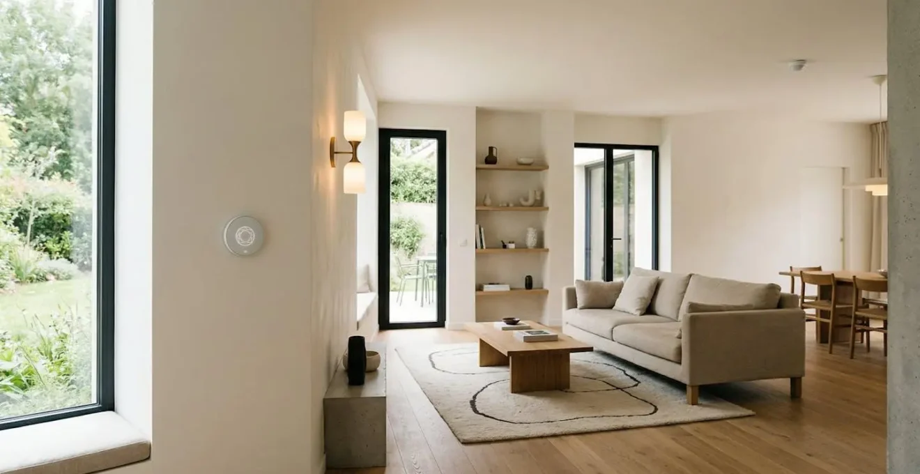 Intérieur moderne d'une maison intelligente avec dispositifs domotiques connectés