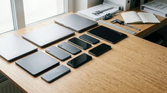 Analyse méthodique de produits high-tech avec outils d'évaluation professionnels
