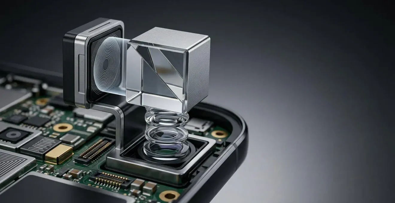 Module téléobjectif périscopique intégré dans un smartphone moderne, vue macro sur les composants optiques