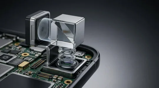 Module téléobjectif périscopique intégré dans un smartphone moderne, vue macro sur les composants optiques