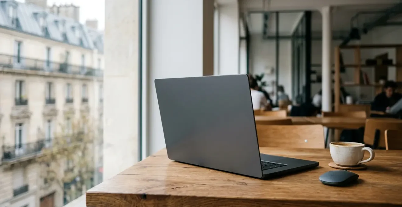 Ordinateur portable ouvert dans un environnement de travail nomade avec espace négatif