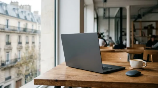 Ordinateur portable ouvert dans un environnement de travail nomade avec espace négatif