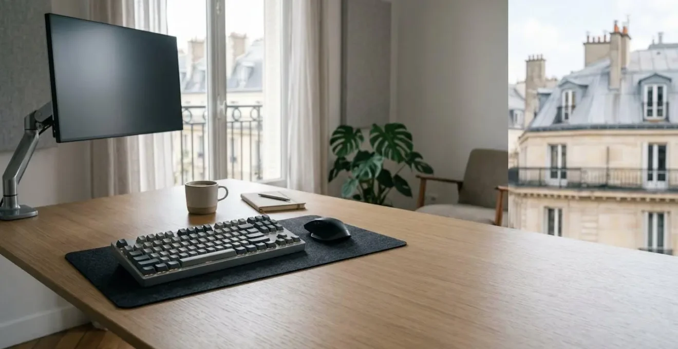 Configuration ergonomique moderne de bureau avec clavier mécanique compact et périphériques, dans une ambiance professionnelle française