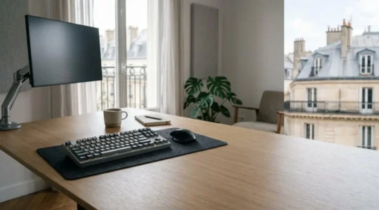 Configuration ergonomique moderne de bureau avec clavier mécanique compact et périphériques, dans une ambiance professionnelle française