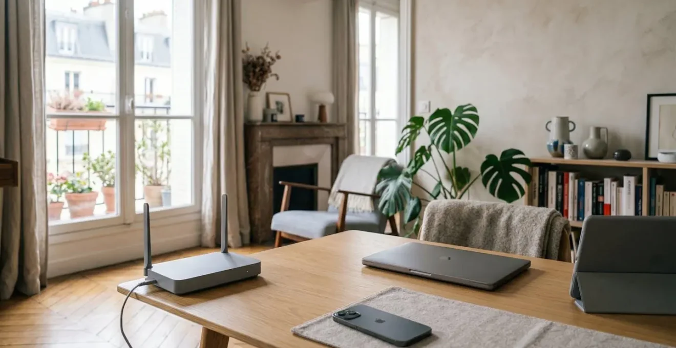 Configuration réseau domestique moderne avec équipements connectés et flux de données optimisés