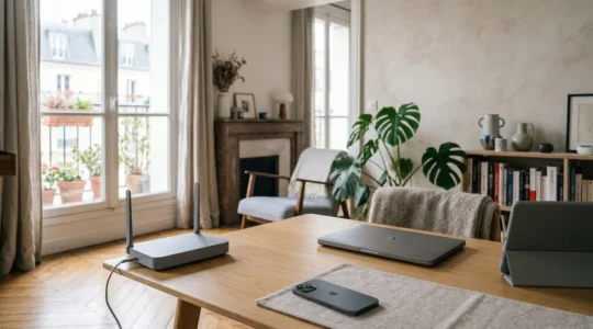 Configuration réseau domestique moderne avec équipements connectés et flux de données optimisés