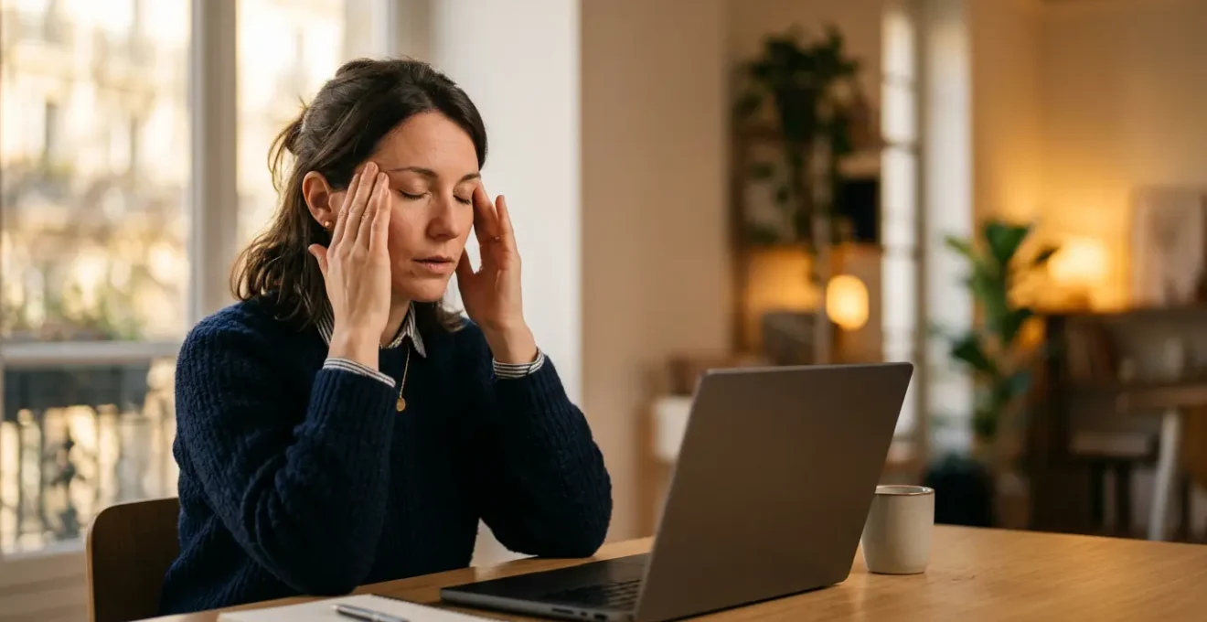 Personne se massant les tempes devant un écran d'ordinateur dans un bureau en fin de journée, lumière chaude et tamisée