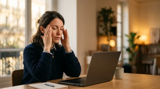 Personne se massant les tempes devant un écran d'ordinateur dans un bureau en fin de journée, lumière chaude et tamisée