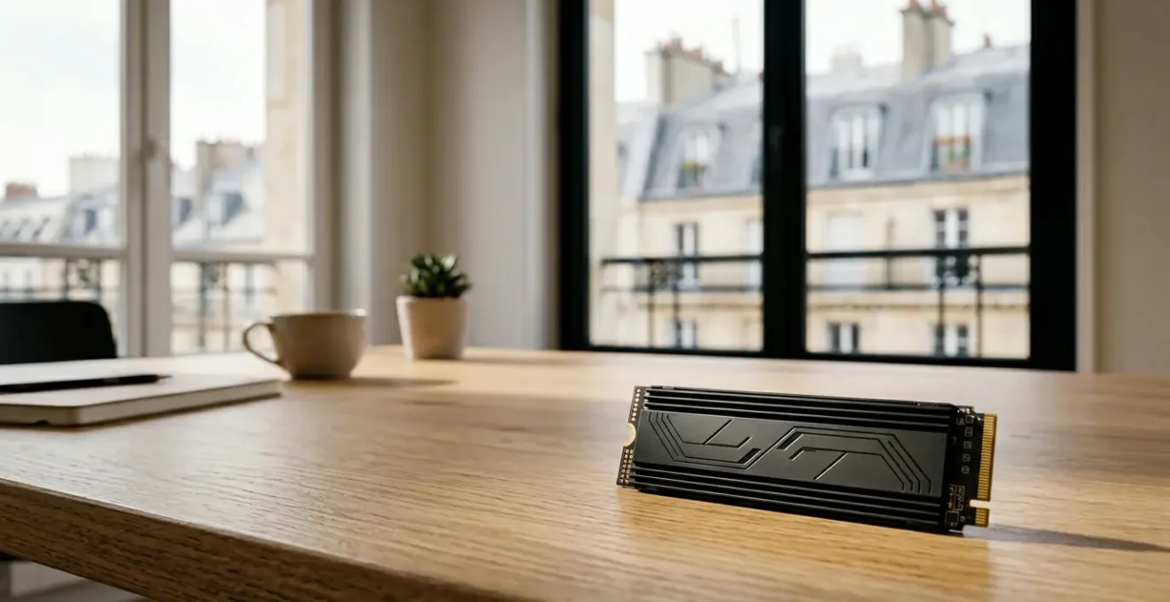 Disque SSD moderne illustrant la rapidité et la performance du stockage informatique