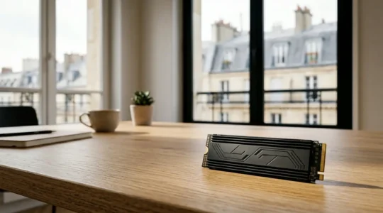 Disque SSD moderne illustrant la rapidité et la performance du stockage informatique