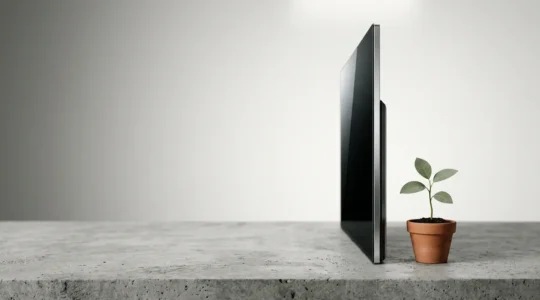 Dalle d'écran OLED haute technologie dans un environnement épuré illustrant innovation et durabilité