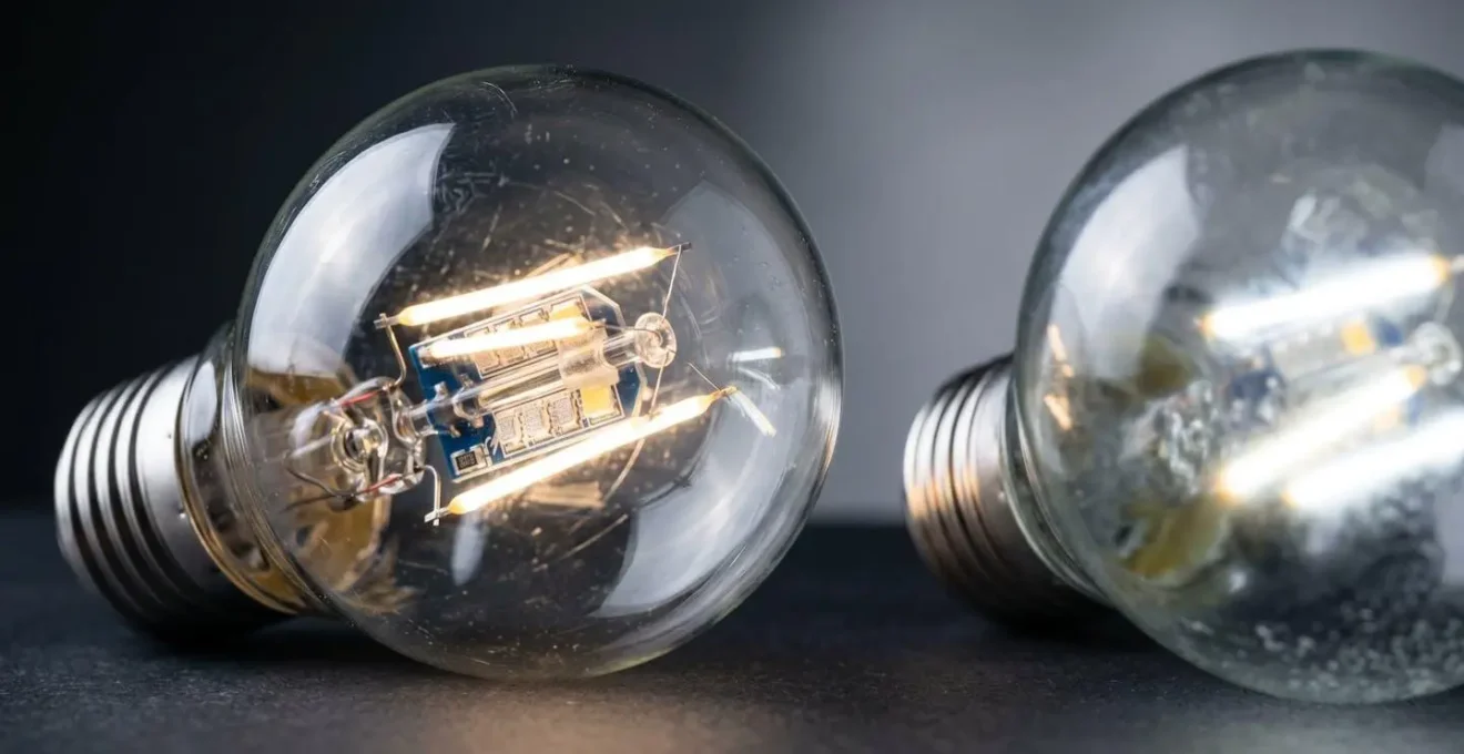 Détail macro d'ampoules LED connectées avec textures et reflets de lumière