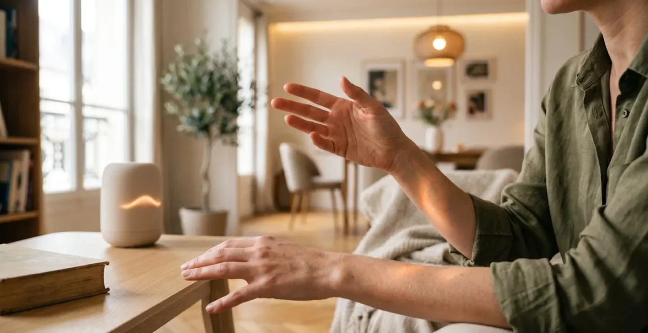 Interaction humaine avec assistant vocal intelligent dans un intérieur moderne