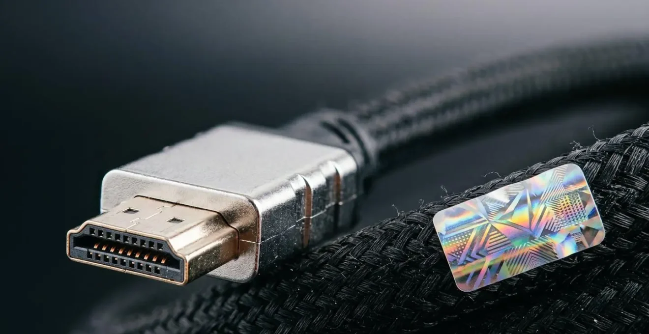 Gros plan sur la certification d'un câble HDMI premium avec détails de construction