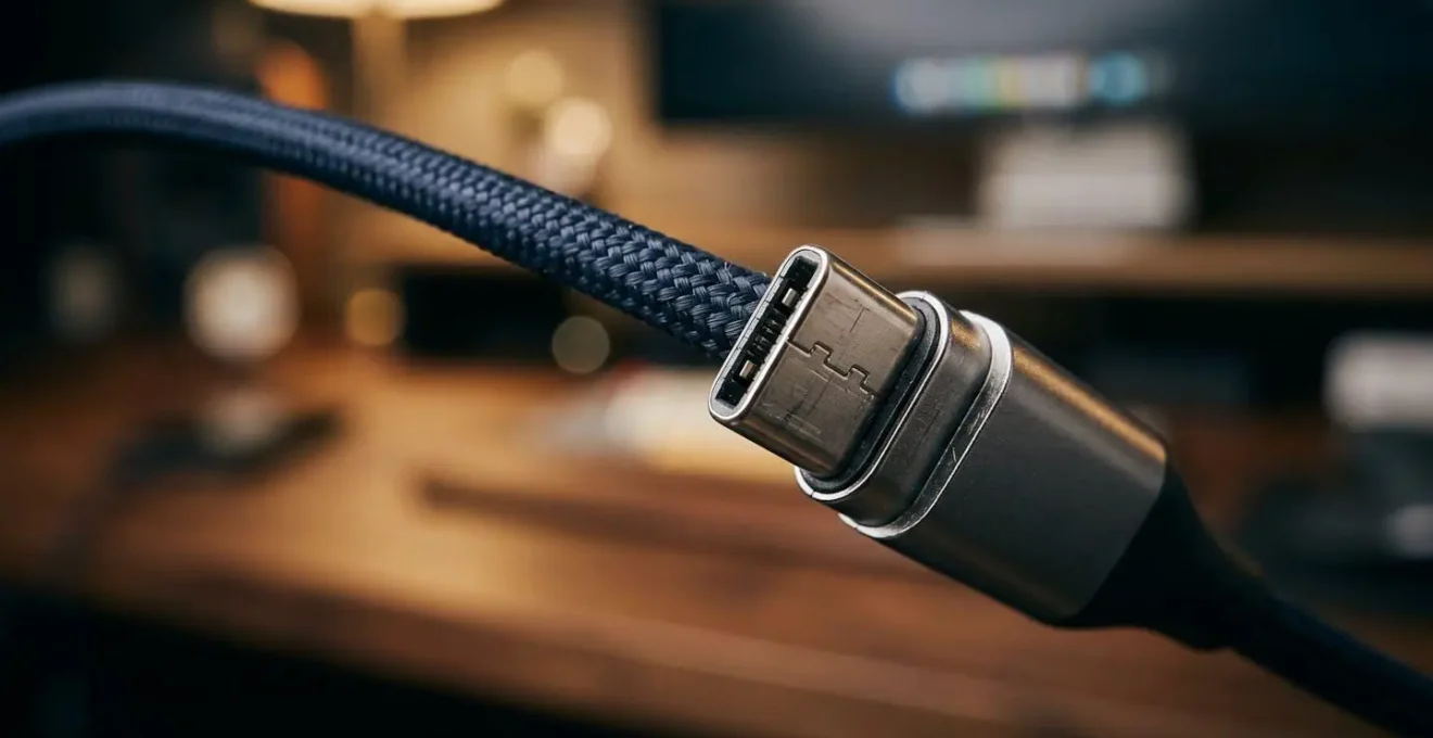 Connexion USB-C élégante sur un bureau minimaliste de créateur