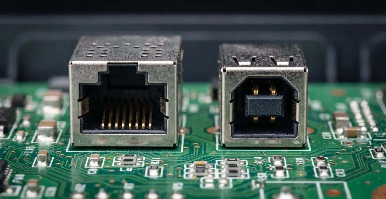 Gros plan macro sur les composants électroniques et connecteurs d'une imprimante moderne montrant les détails techniques
