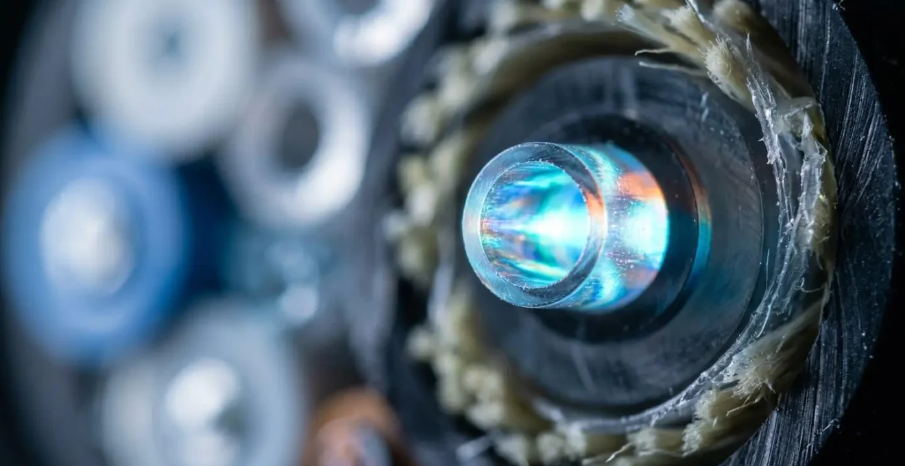 Gros plan sur la texture d'une fibre optique avec effets de réfraction lumineuse