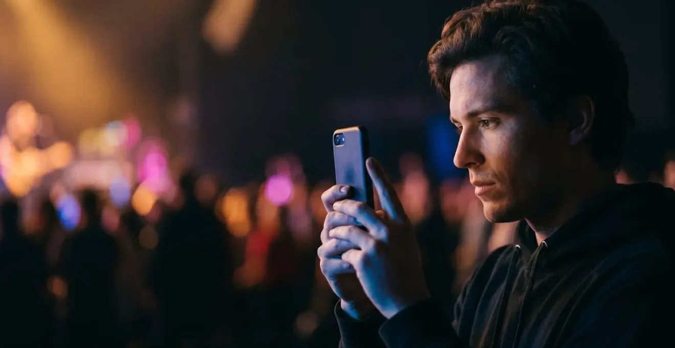Spectateur photographiant un concert dans une salle faiblement éclairée avec un smartphone