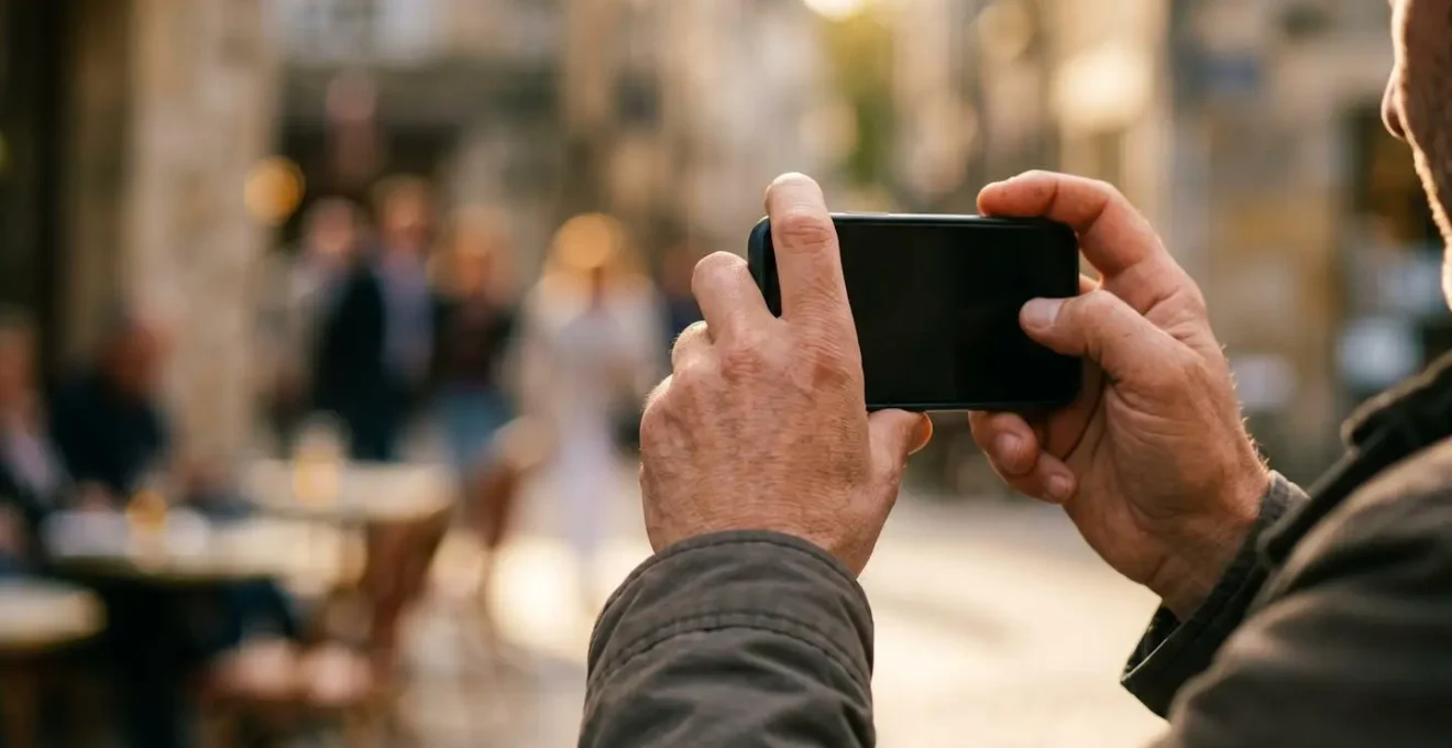 Main tenant un smartphone en mode vidéo avec stabilisation dans un environnement urbain français