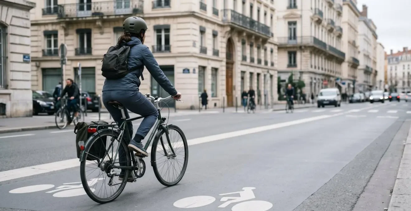Scène urbaine minimaliste évoquant la mobilité douce dans une ville française contemporaine